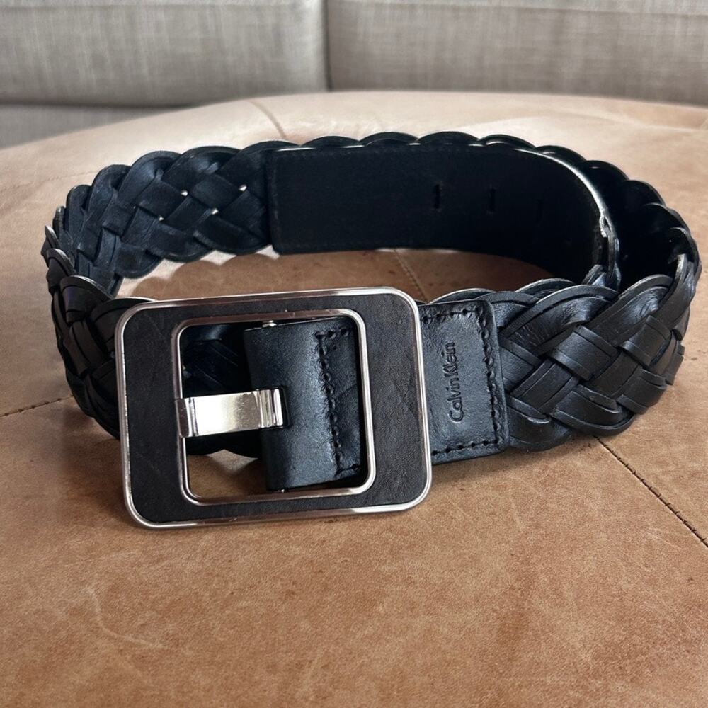 Calvin Klein Wide Woven Leather Belt Black Silver Square Buckle Y2K Minimalist L